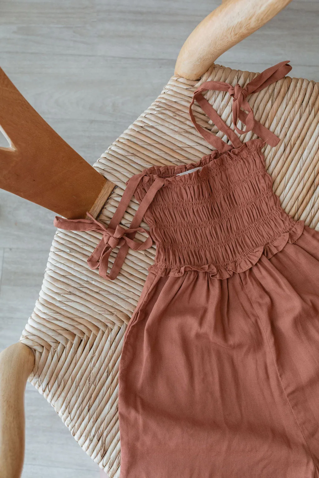 Girls Shirred Organic Linen Jumpsuit - Burnt Orange