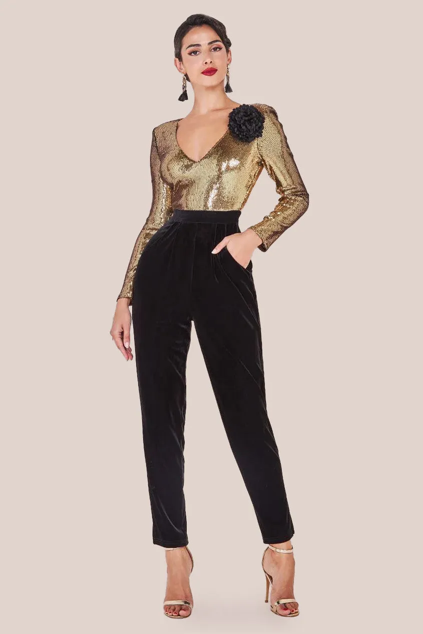 Goddiva Liquid Sequin Jumpsuit With Corsage - Gold