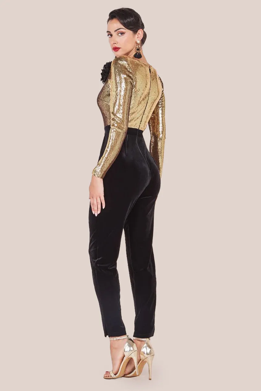 Goddiva Liquid Sequin Jumpsuit With Corsage - Gold