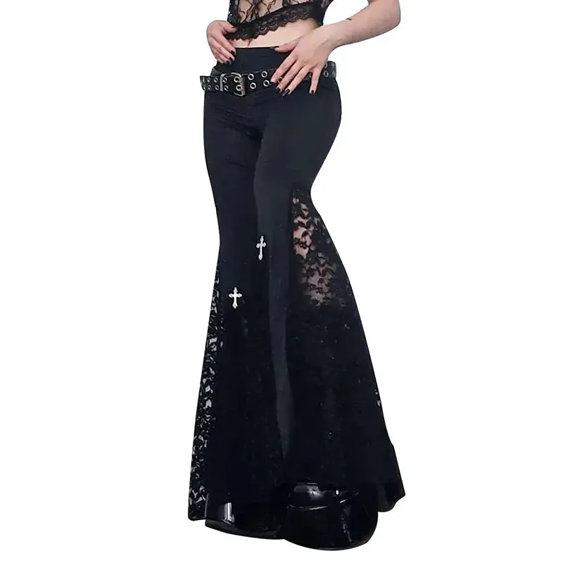 Gothic Black Lace Patchwork High Waist Flare Pant