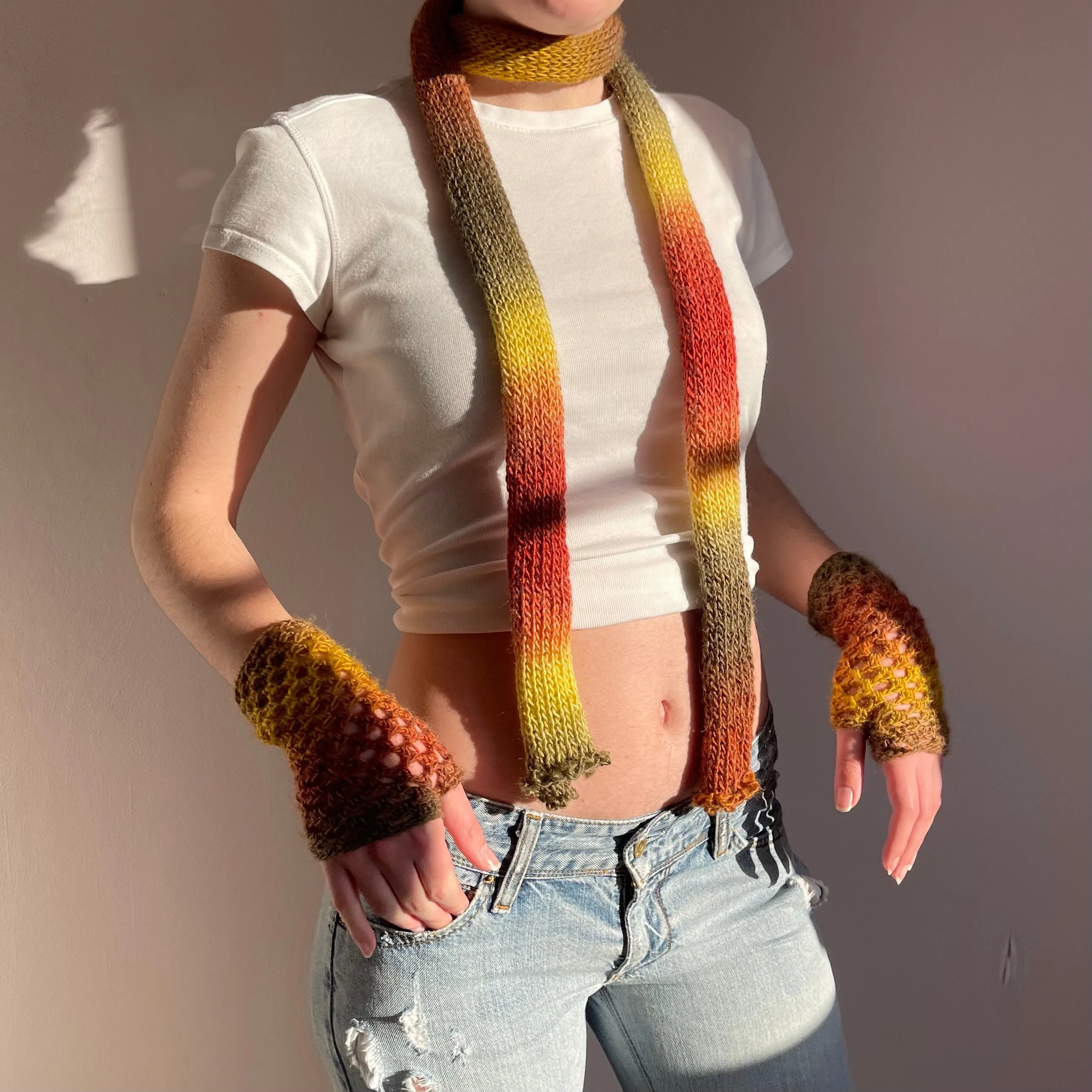 Handmade knitted ombré skinny scarf in earth tones