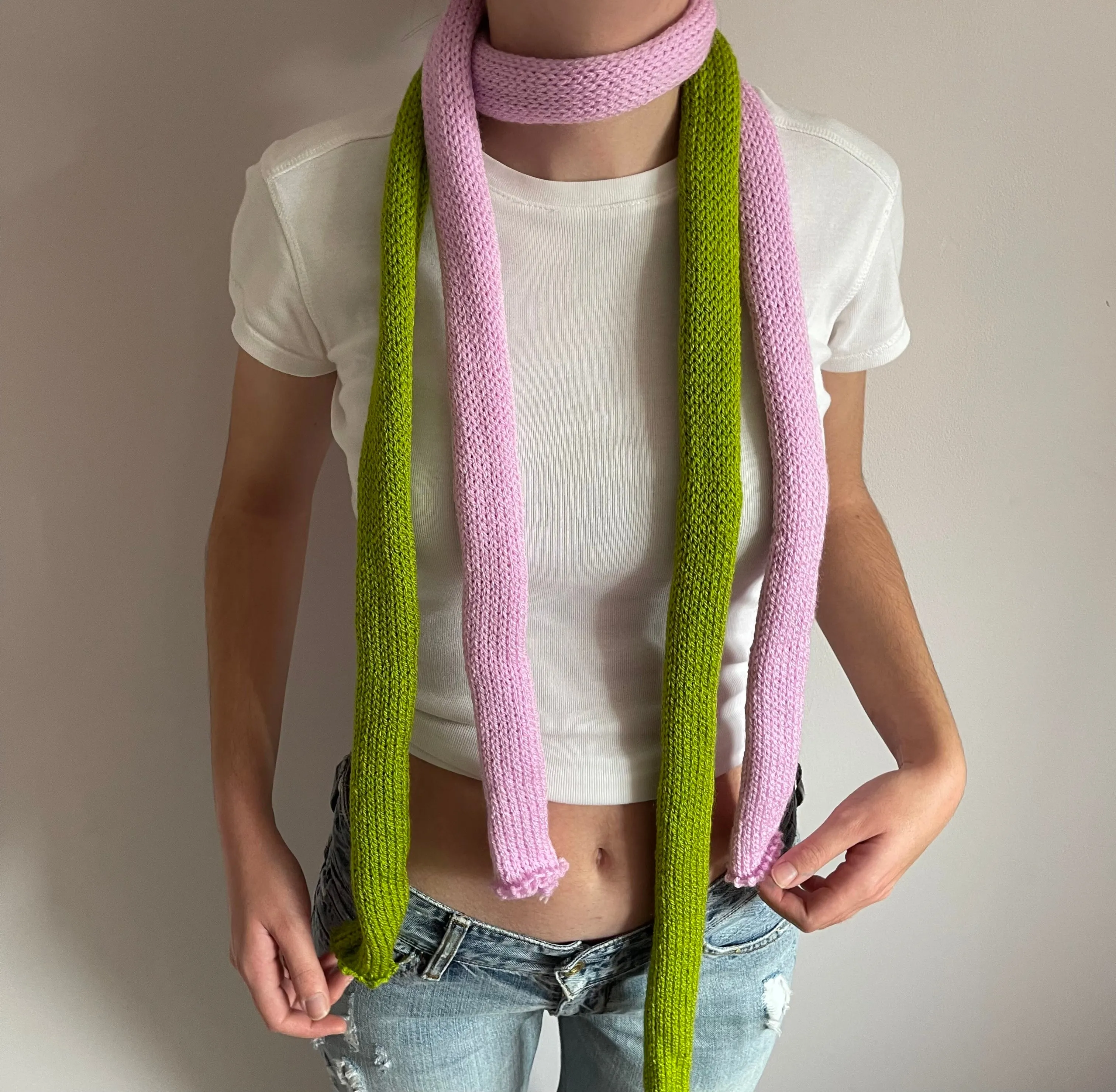 Handmade knitted skinny scarf in baby pink