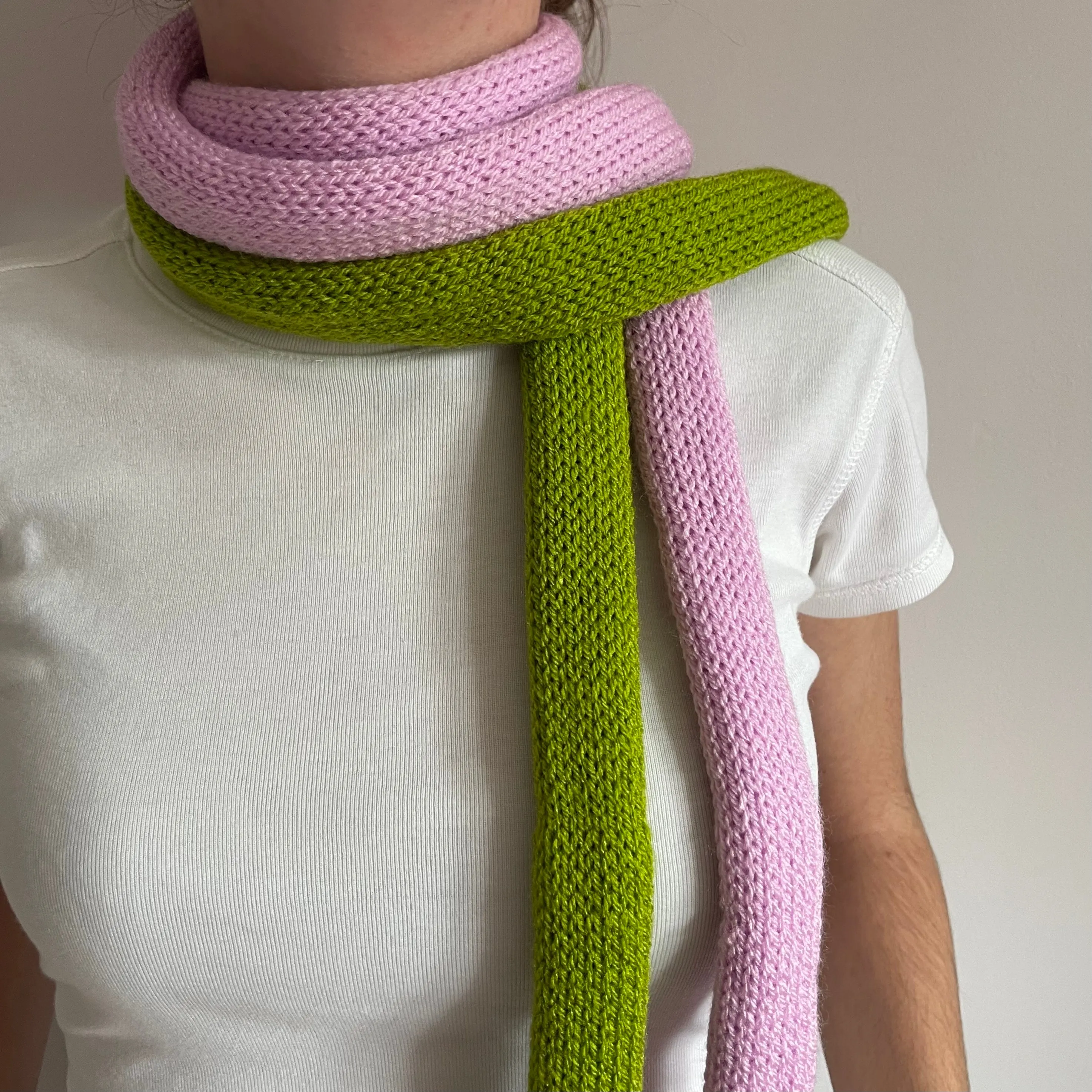 Handmade knitted skinny scarf in baby pink