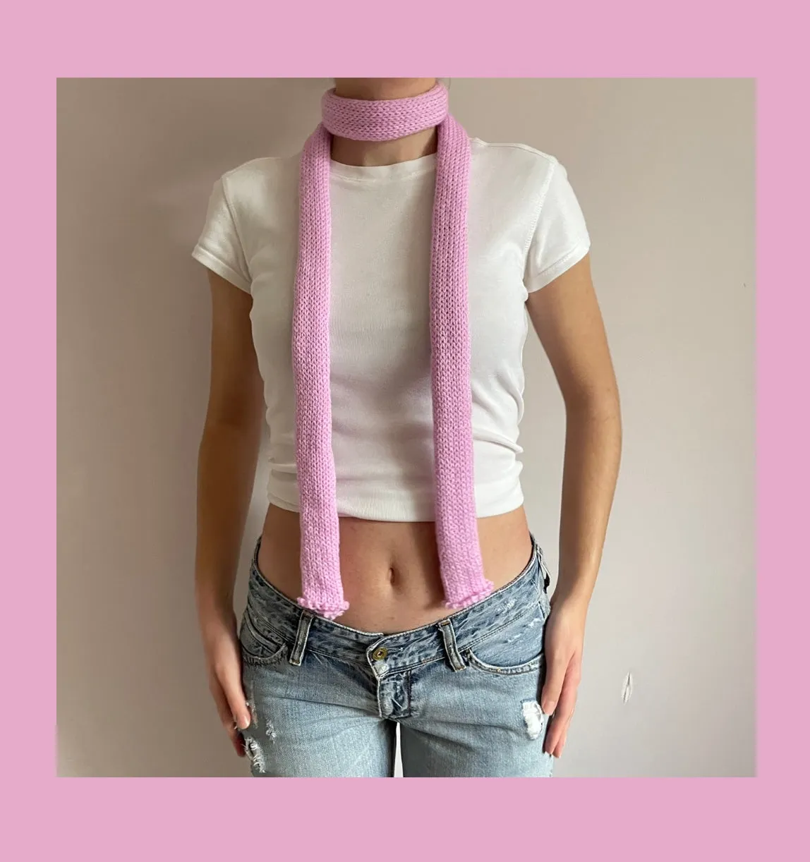 Handmade knitted skinny scarf in baby pink