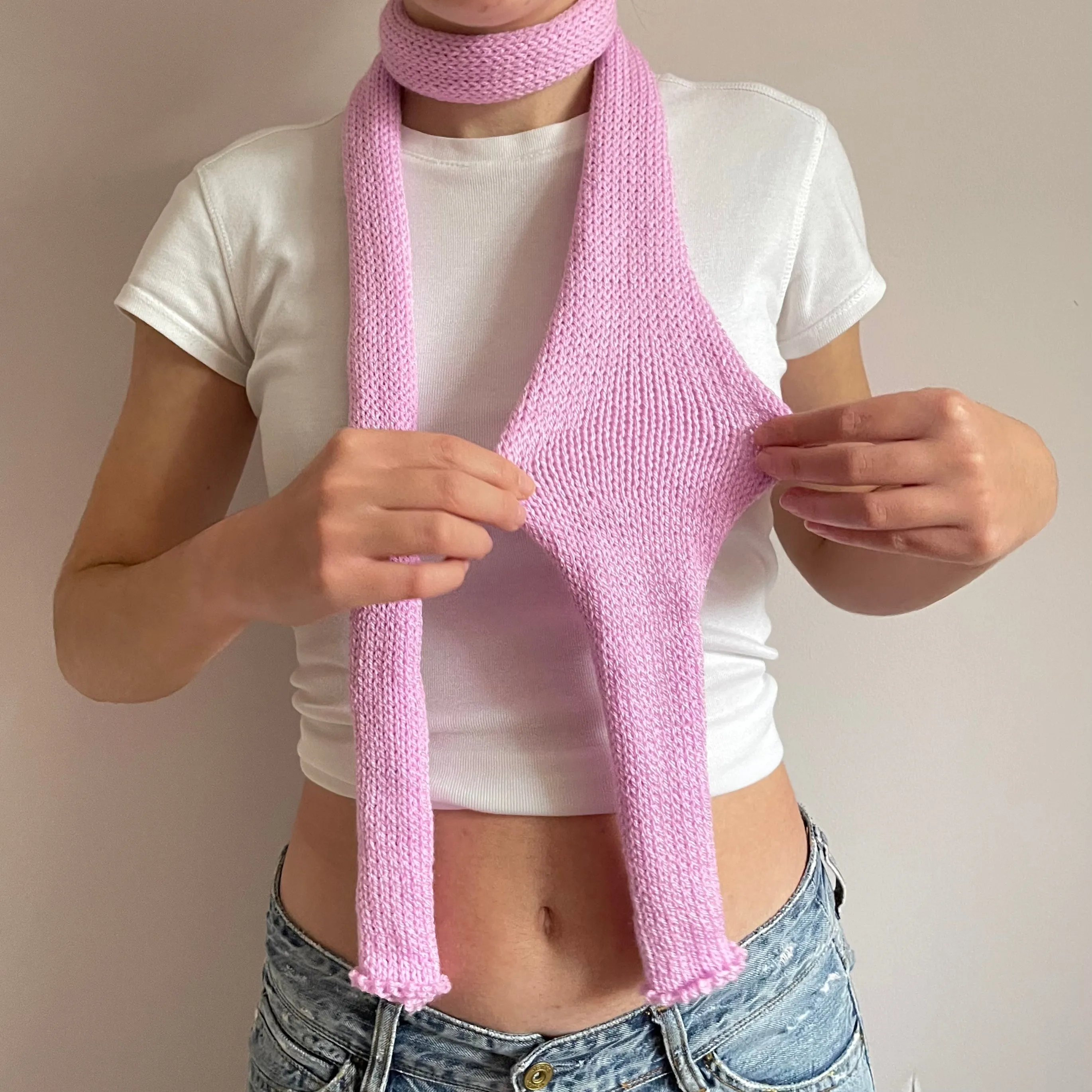 Handmade knitted skinny scarf in baby pink