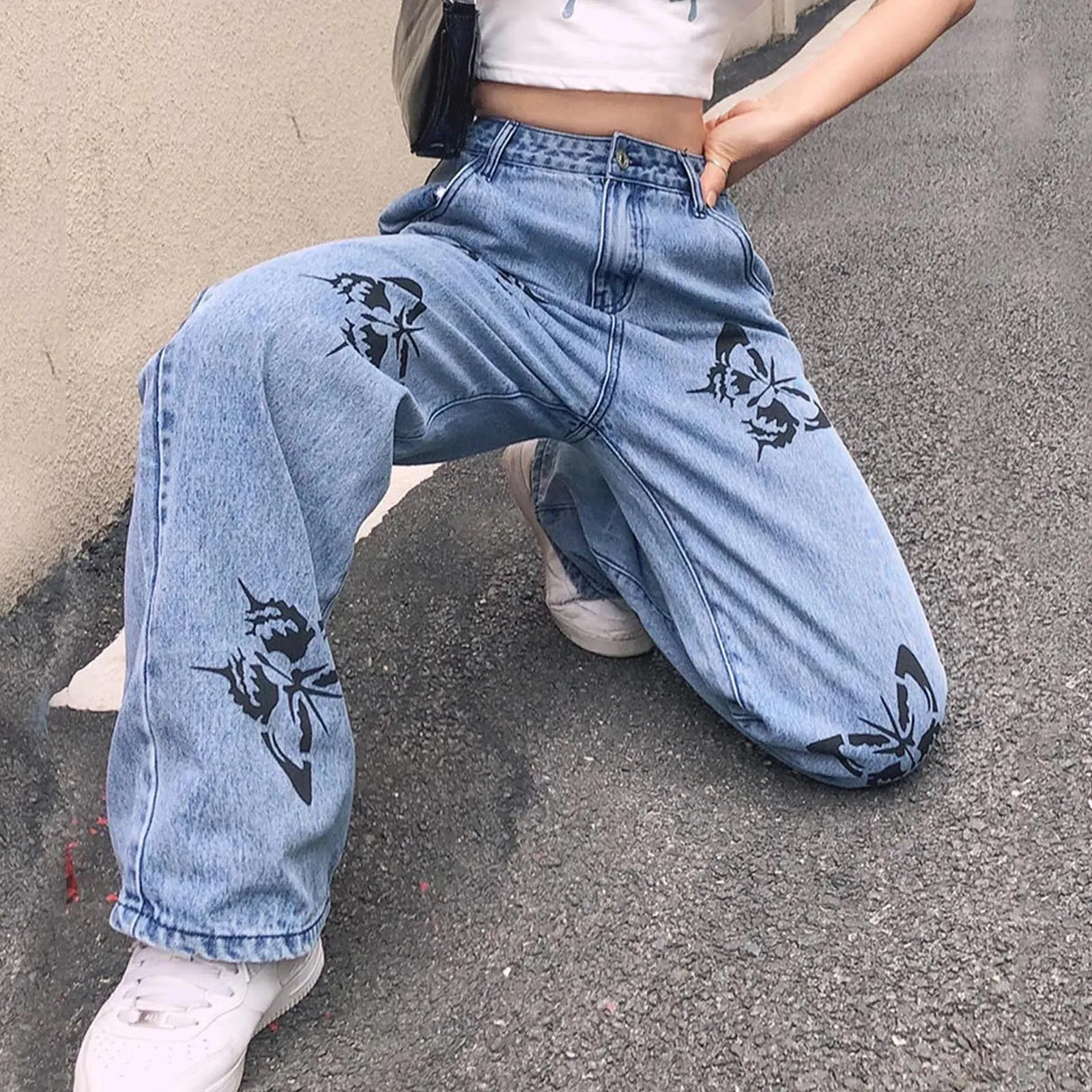 High Waist Butterfly Print Wide Leg Streetwear Jeans