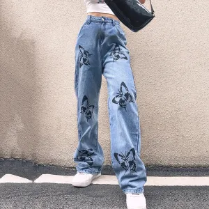 High Waist Butterfly Print Wide Leg Streetwear Jeans