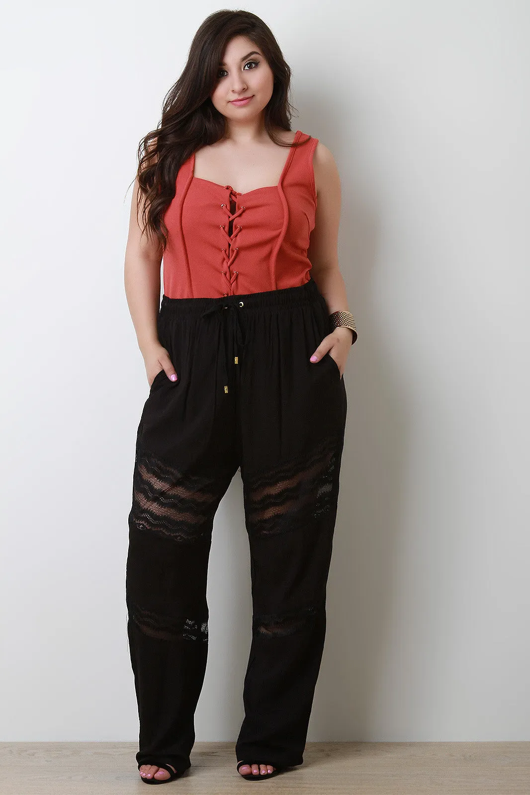 High Waist Lace Insert Wide Leg Pants