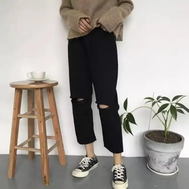 High Waist Pants with   without Ripped Accents