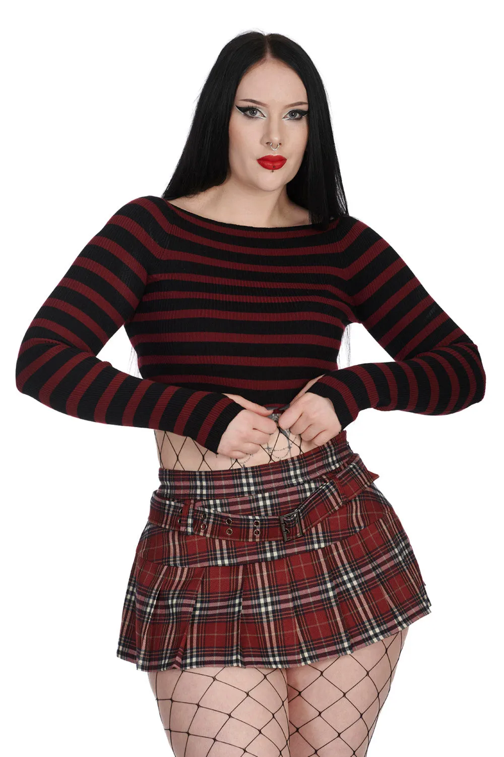 Jett Striped Long Sleeve Burgundy & Black Crop Sweater