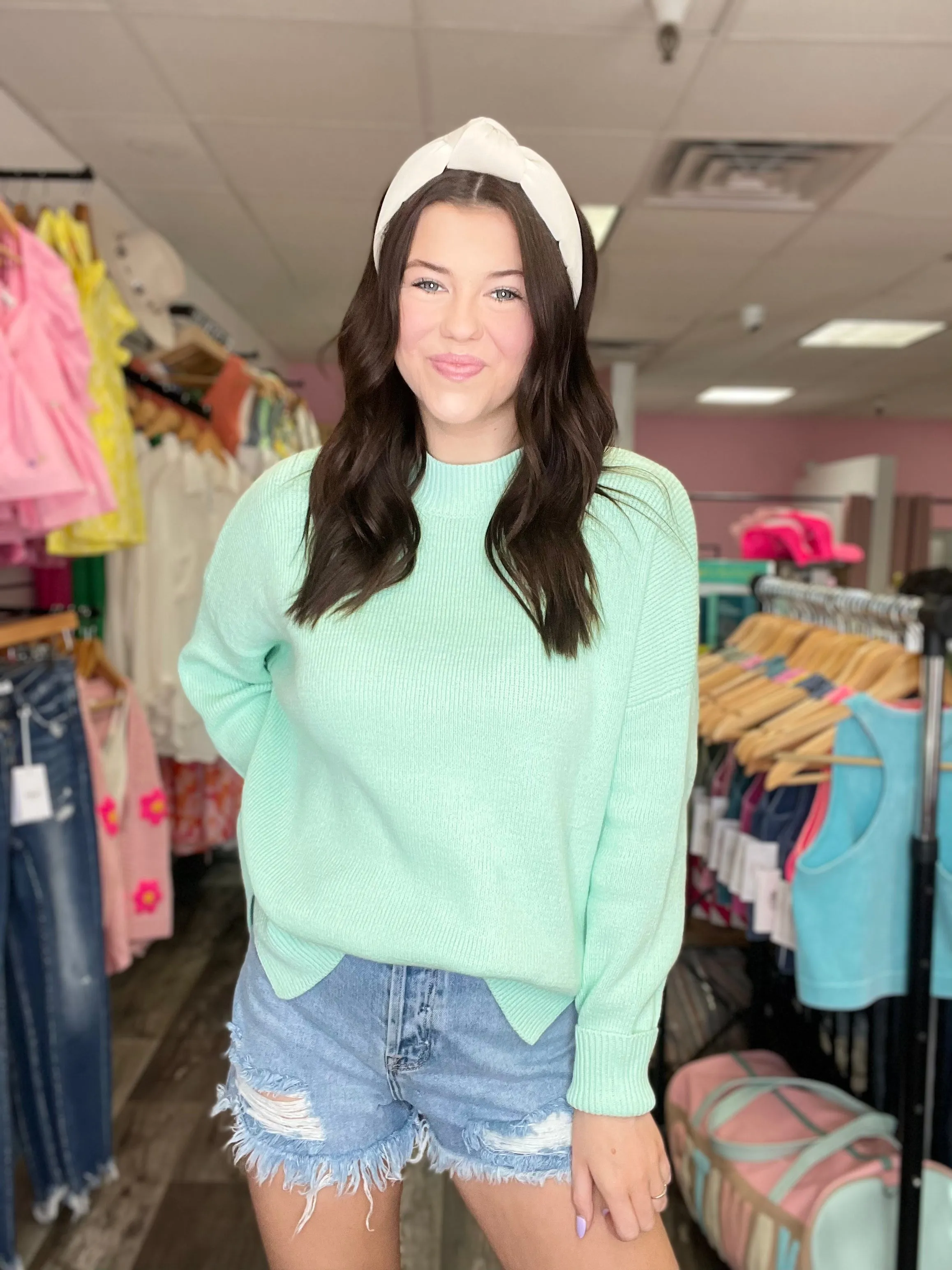 Just A Dream Mock Neck Mint Sweater