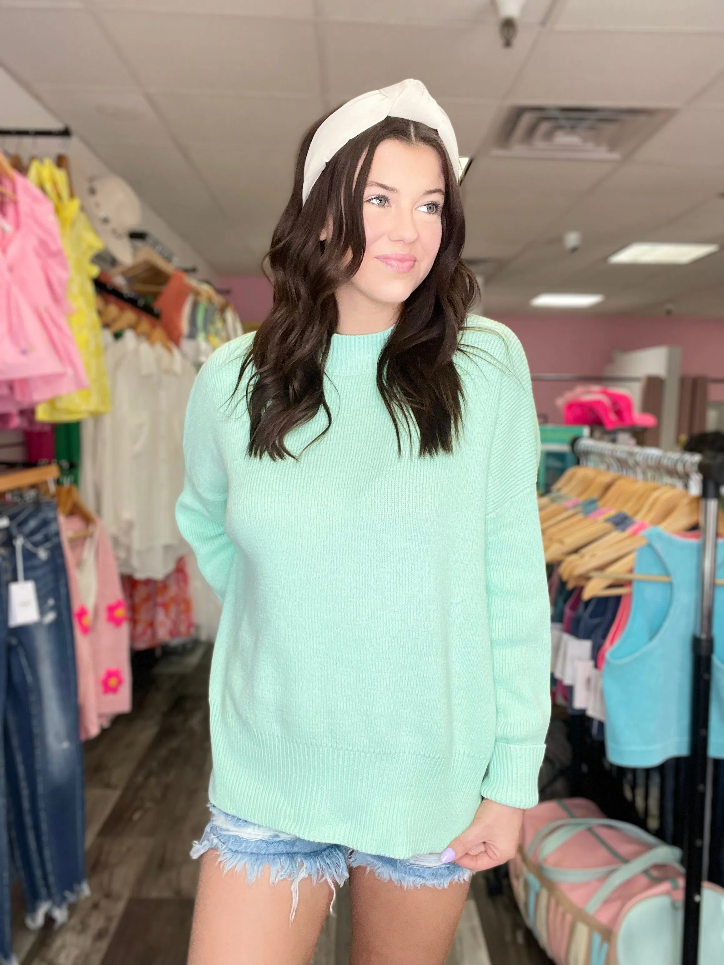 Just A Dream Mock Neck Mint Sweater