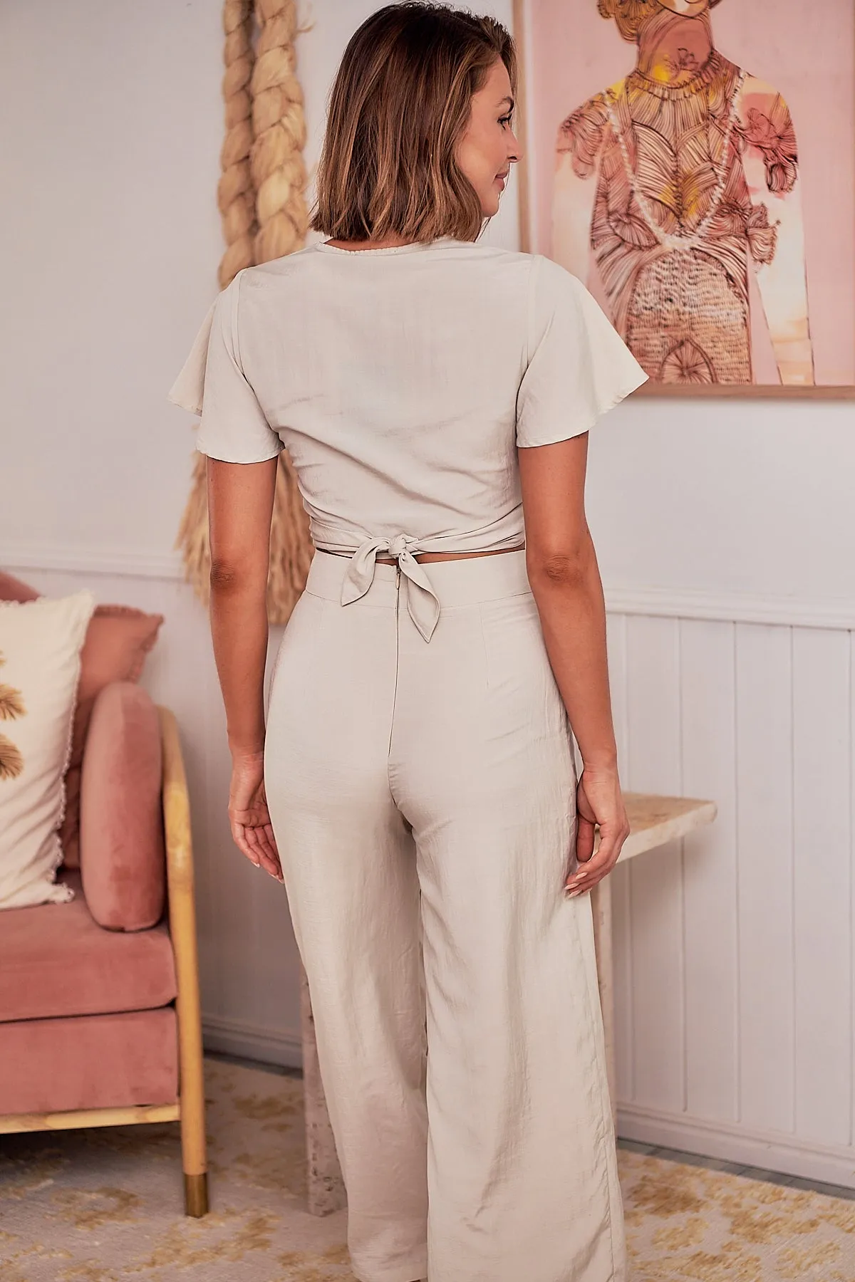 Kendell Beige Tie Top and High Waist Pant Set