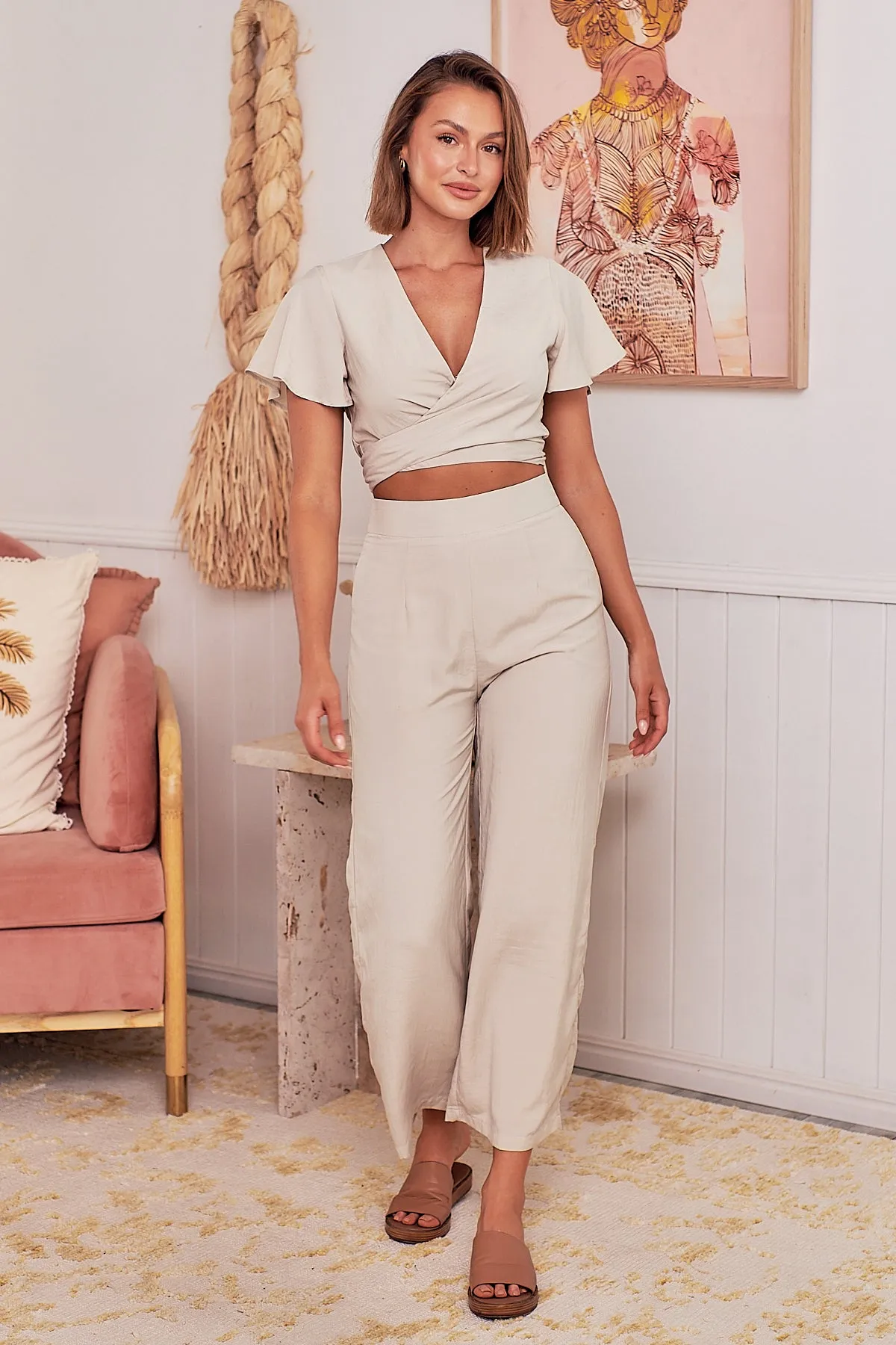 Kendell Beige Tie Top and High Waist Pant Set