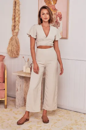 Kendell Beige Tie Top and High Waist Pant Set