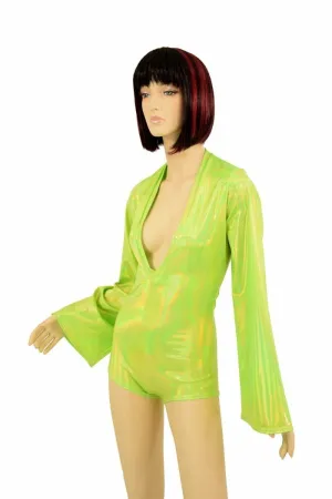 Lime Plunging V Bell Sleeve Romper