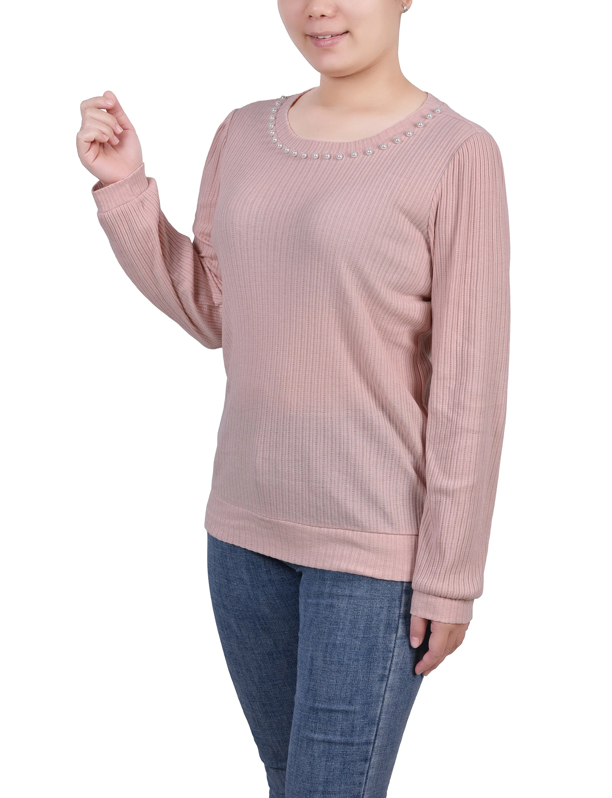 Long Sleeve Ribbed Pearl Trimmed Top