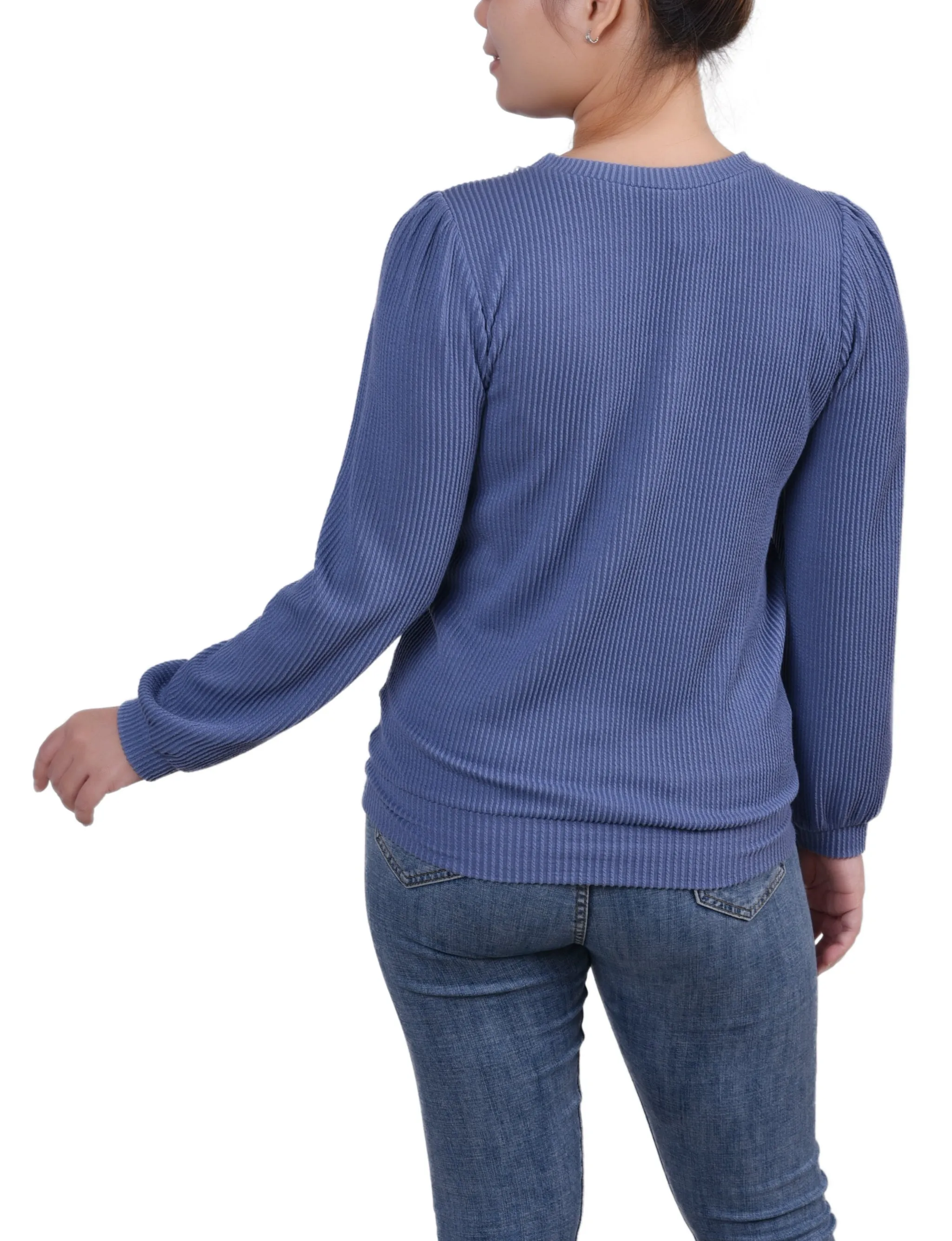 Long Sleeve Ribbed Pearl Trimmed Top