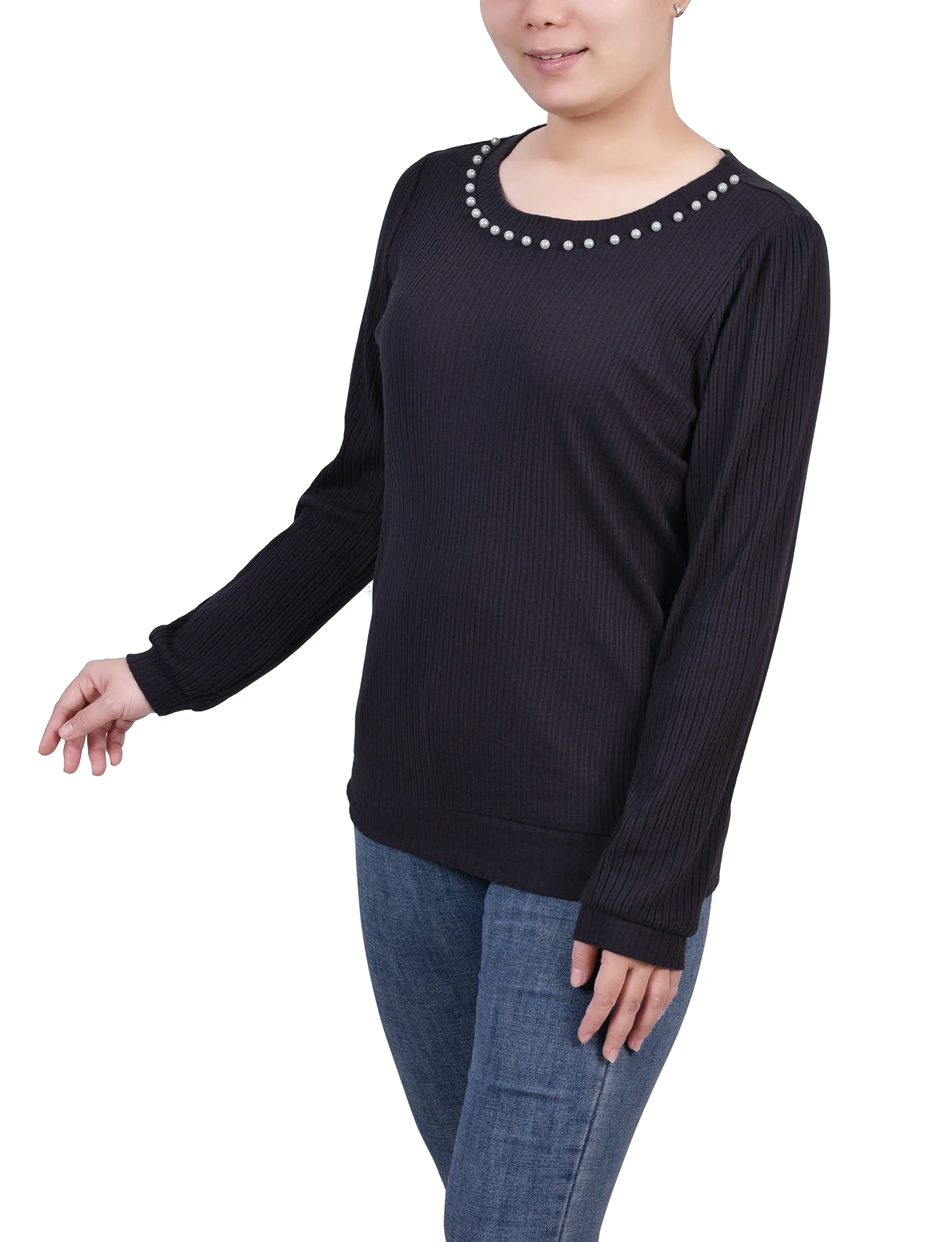 Long Sleeve Ribbed Pearl Trimmed Top