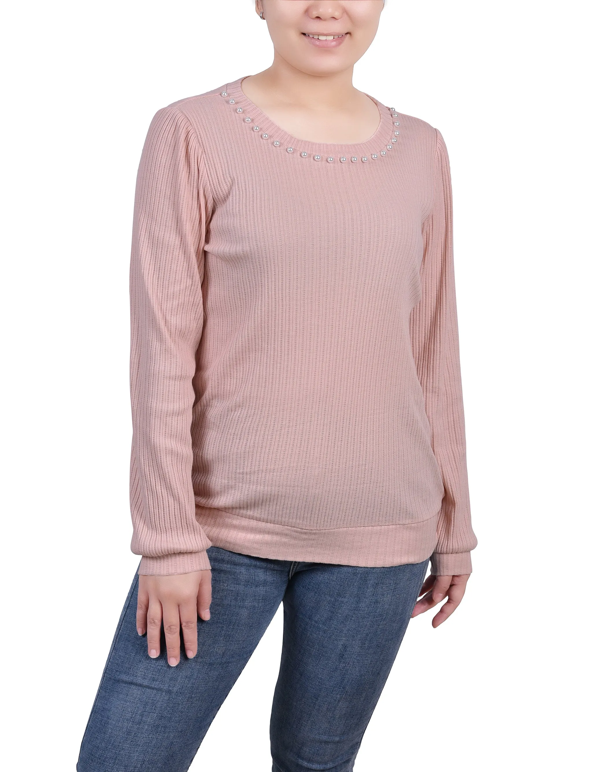 Long Sleeve Ribbed Pearl Trimmed Top