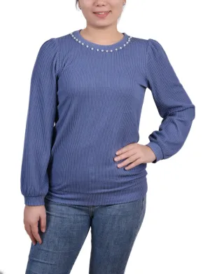 Long Sleeve Ribbed Pearl Trimmed Top