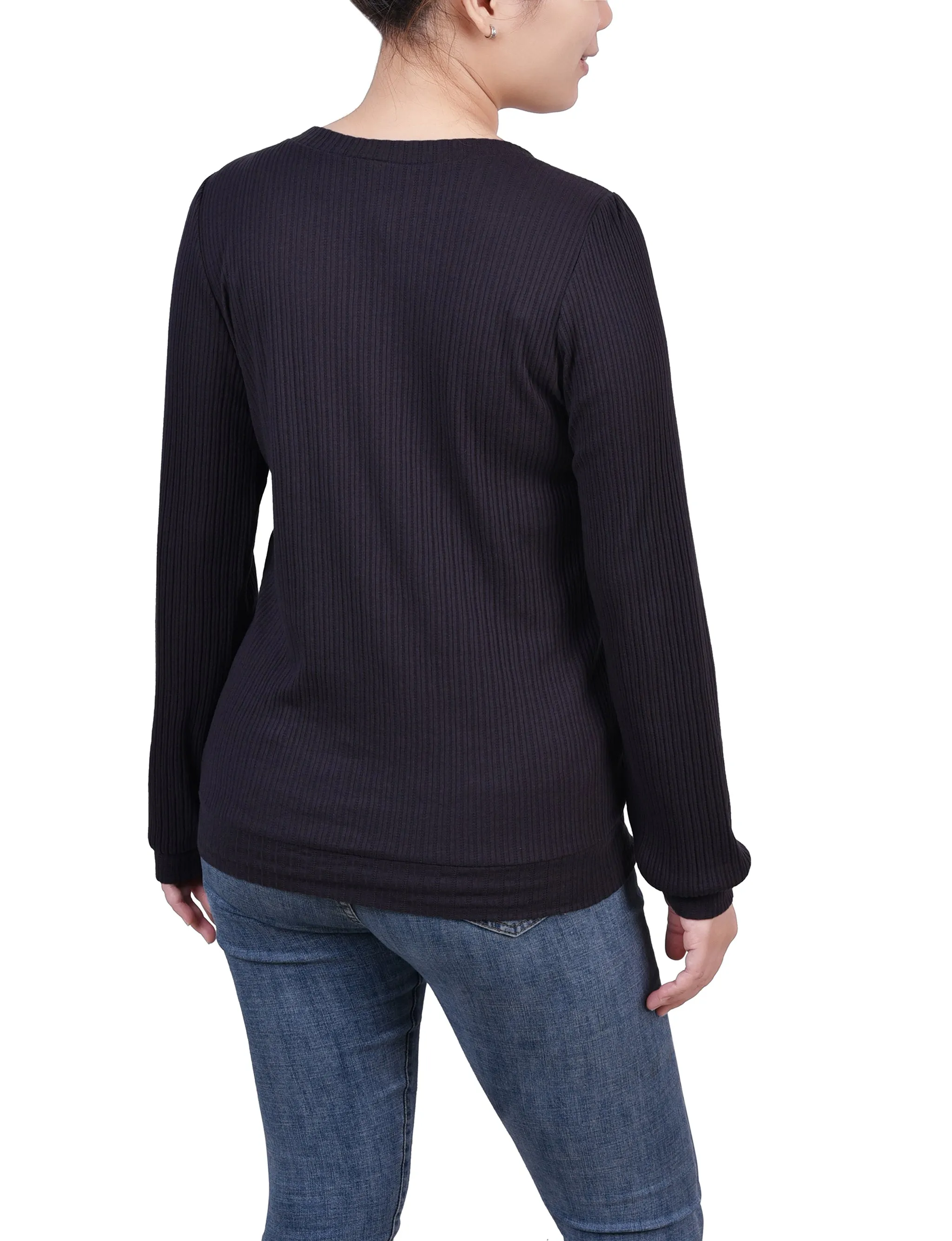 Long Sleeve Ribbed Pearl Trimmed Top