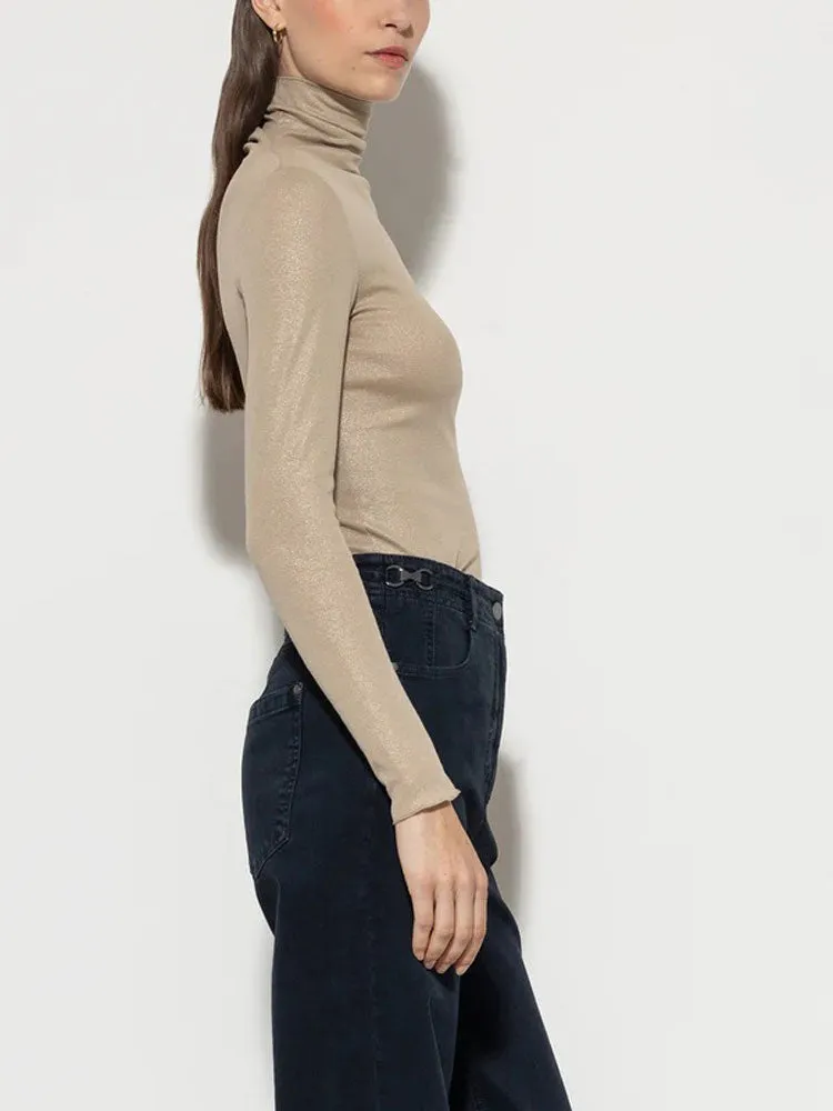 Luisa Cerano Glitter Turtleneck Top Soft Camel