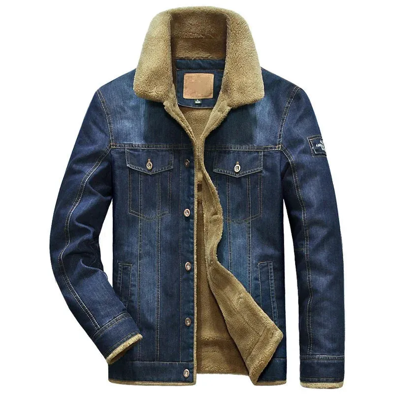 Men's Denim Jacket with Velvet Lining and Fur Collar, Slim Fit Outerwear