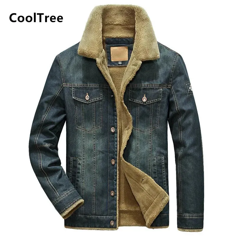 Men's Denim Jacket with Velvet Lining and Fur Collar, Slim Fit Outerwear