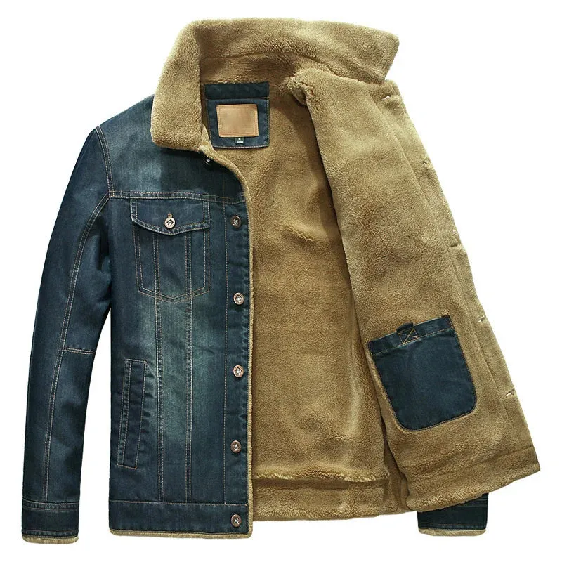 Men's Denim Jacket with Velvet Lining and Fur Collar, Slim Fit Outerwear