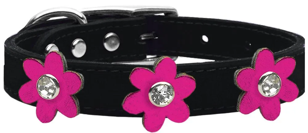 Metallic Flower Leather Collar Black With Metallic Pink Flowers Size 22