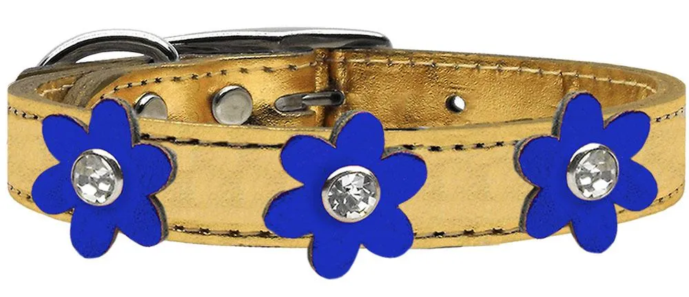 Metallic Flower Leather Collar Gold With Metallic Blue Flowers Size 20