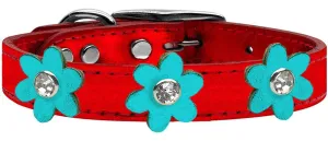 Metallic Flower Leather Collar Metallic Red With Metallic Turquoise Flowers Size 12