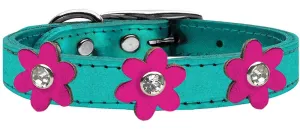 Metallic Flower Leather Collar Metallic Turquoise With Metallic Pink Flowers Size 22