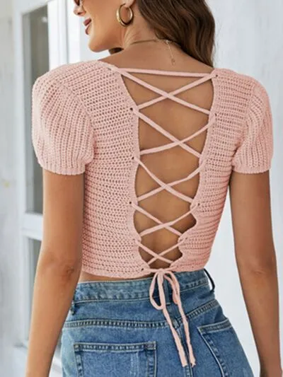 Miami Nights Lace-Up Openwork Crop Crochet Knit Sweater | 8 Colors | Poundton