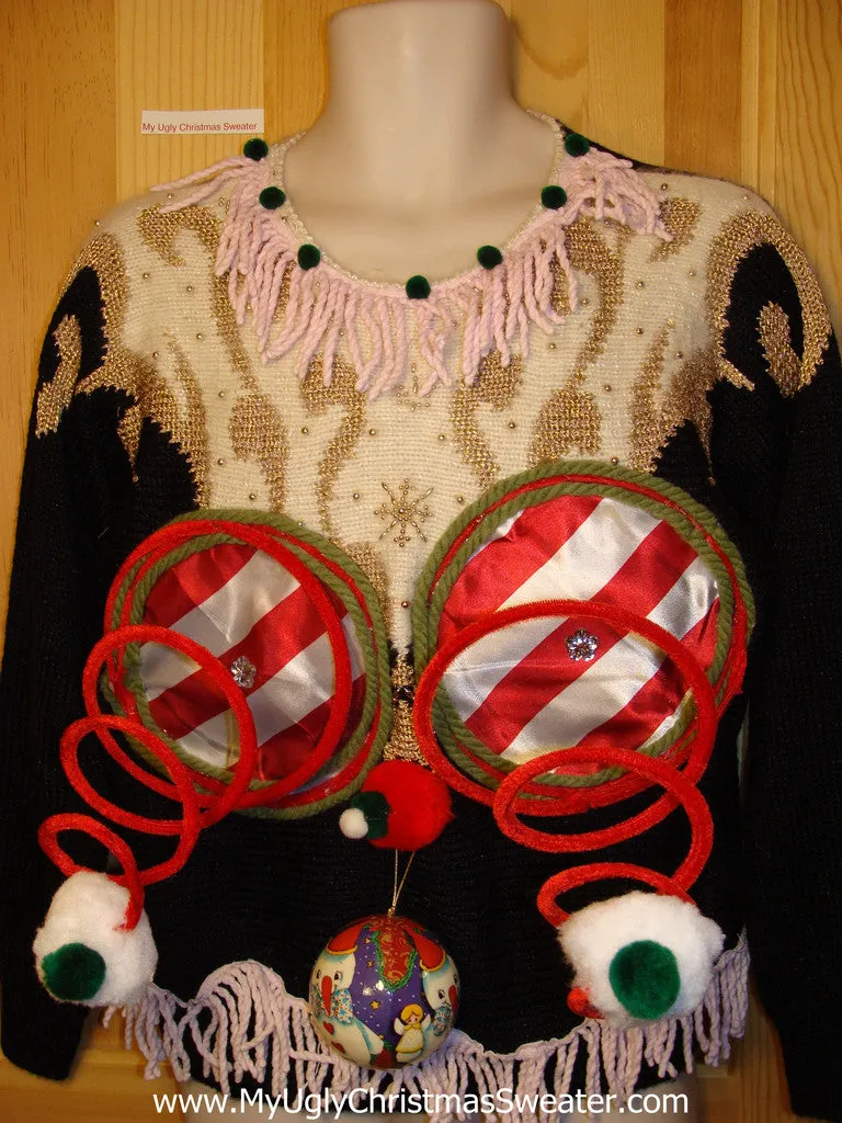 Naughty Tacky 3D Ugly Christmas Sweater Springy Funny 80s Padded Shoulders Bat Arms Glam & Fringe (r9)