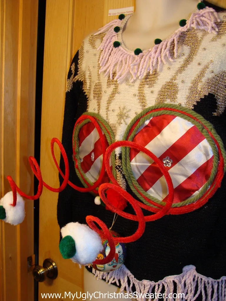 Naughty Tacky 3D Ugly Christmas Sweater Springy Funny 80s Padded Shoulders Bat Arms Glam & Fringe (r9)