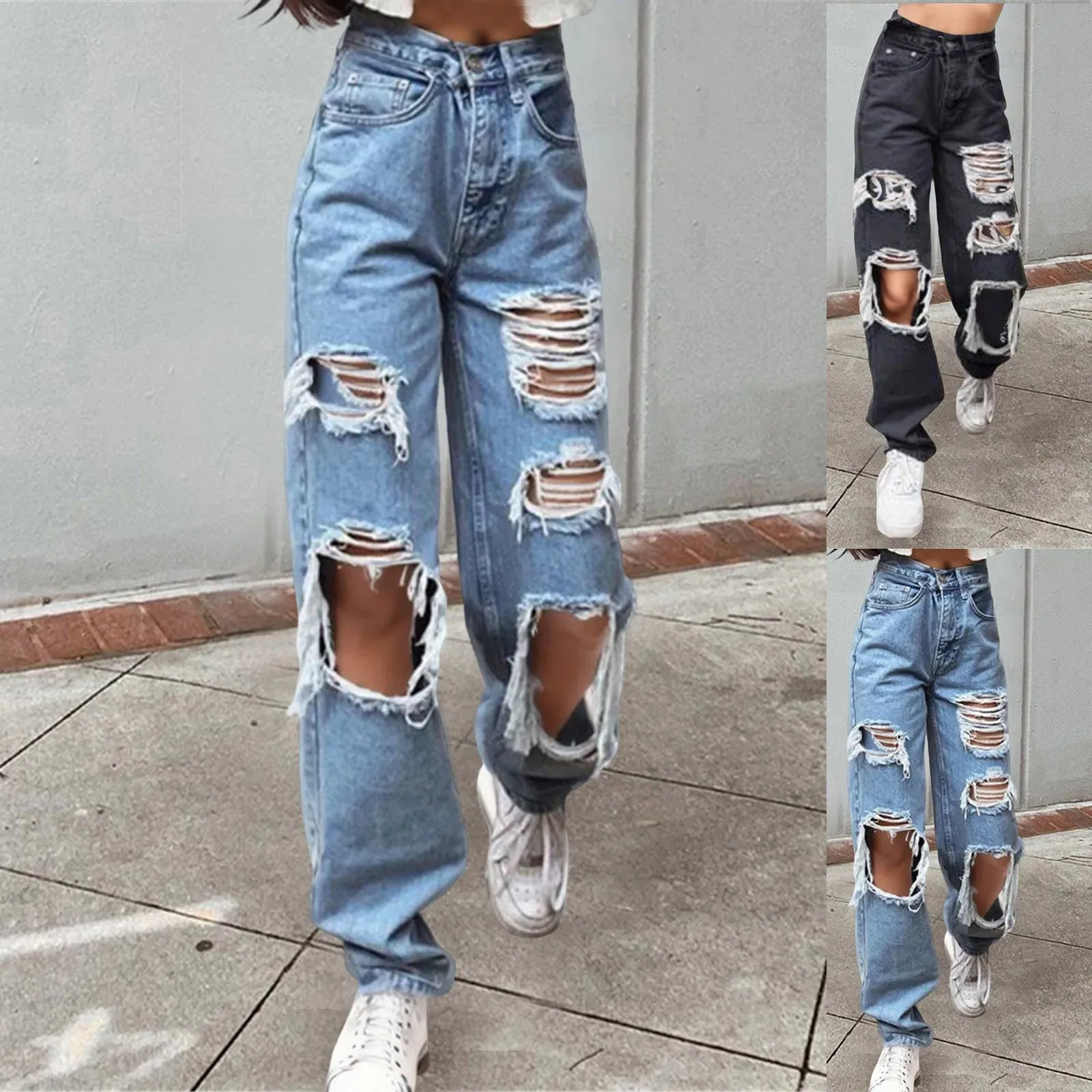 New Sexy High Waist Blue Washed Jeans Spring Summer Fashion Denim Loose Fit Wide Leg Casual Streetwear Women Pants