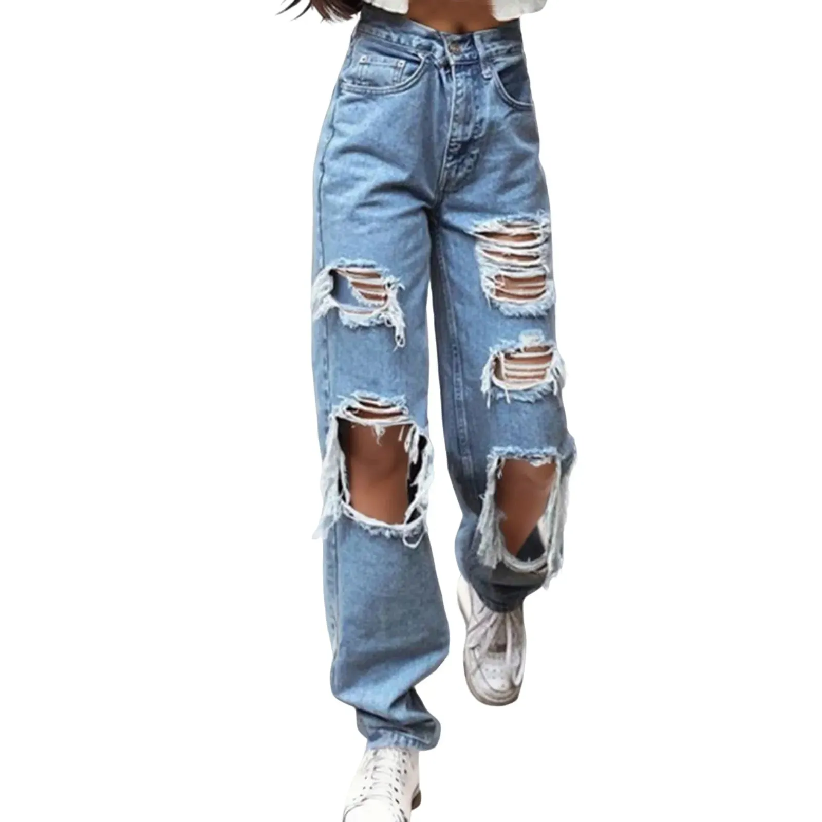 New Sexy High Waist Blue Washed Jeans Spring Summer Fashion Denim Loose Fit Wide Leg Casual Streetwear Women Pants