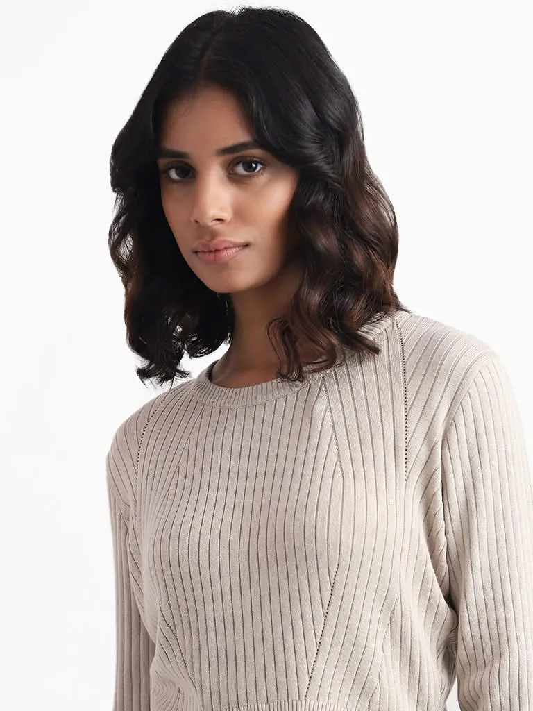 Nuon Beige Self Striped Sweater