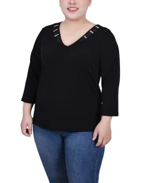 Plus Size 3/4 Sleeve Top With Illusion Neckline and Stones