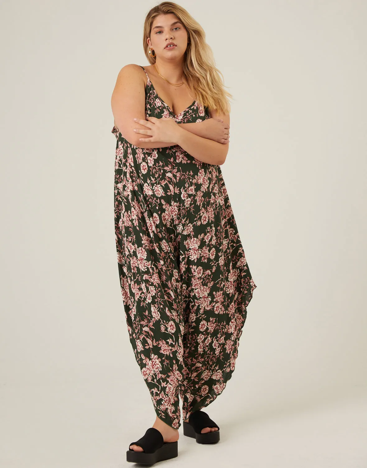 Plus Size Floral Wide Leg Flowy Jumpsuit