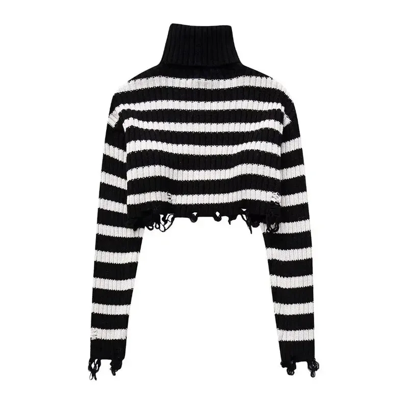 Pre Order:  Turtleneck Distressed Knit Cropped Sweater