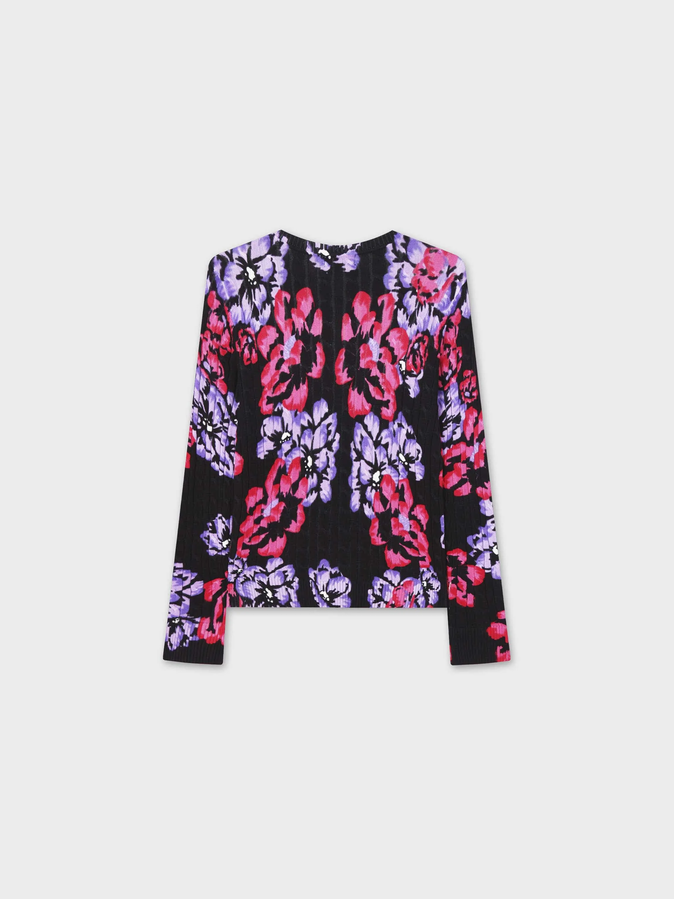 Printed Cable Knit Sweater-Pink/Purple Floral