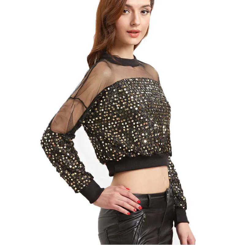 "Time square" sequined sheer insert crop top