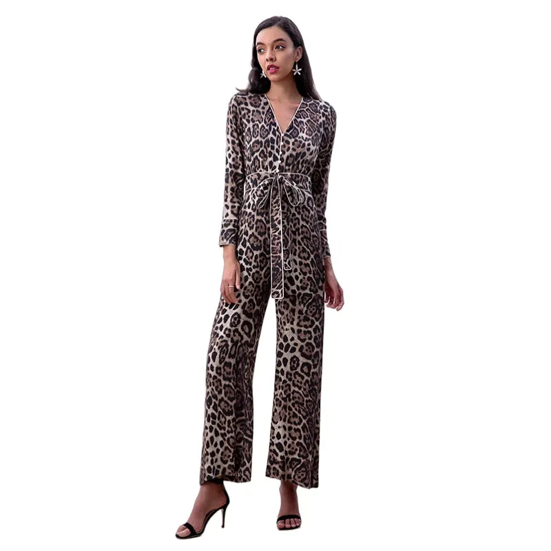 R171 Women leopard print long sleeves flare leg jumpsuit