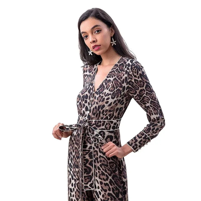 R171 Women leopard print long sleeves flare leg jumpsuit