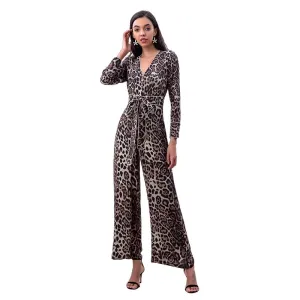 R171 Women leopard print long sleeves flare leg jumpsuit