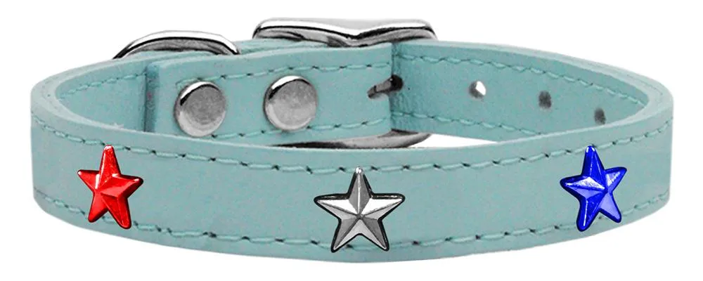 Red, White And Blue Star Widget Genuine Leather Dog Collar Baby Blue 12