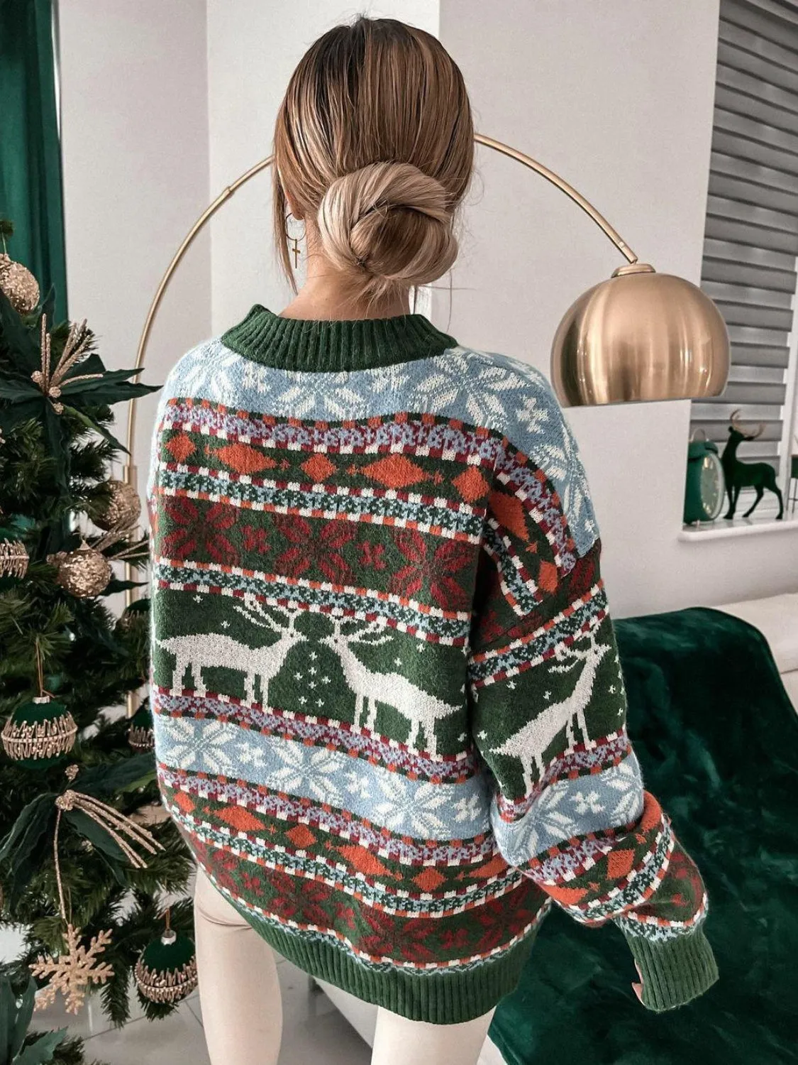 Reindeer Round Neck Dropped Shoulder Sweater